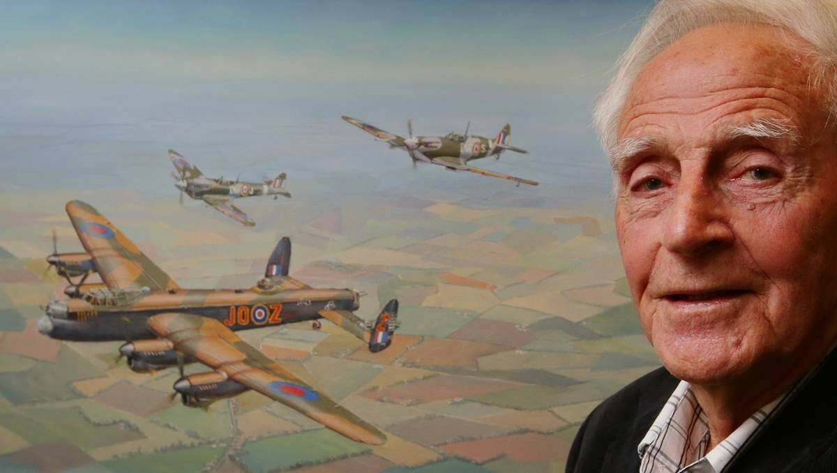 REMEMBERING: World War II fighter pilot Sid Hansaker in front of one of the artworks based on his memories and anecdotes.  Pictures: Peter Stoop