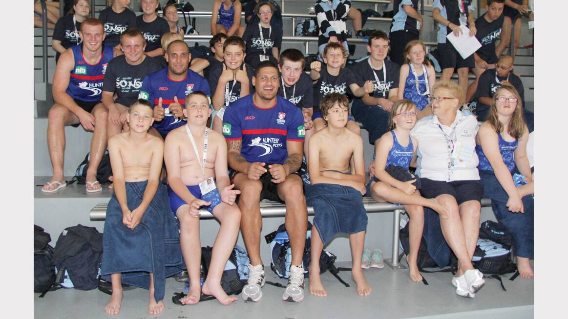 Newcastle Knights NRL players Alex McKinnon, Jeremy Smith and Willie Mason dropped in to watch some of the action at the Aquatics on Day 1 of competition.  Picture: Peter Muhlbock / Special Olympics Australia