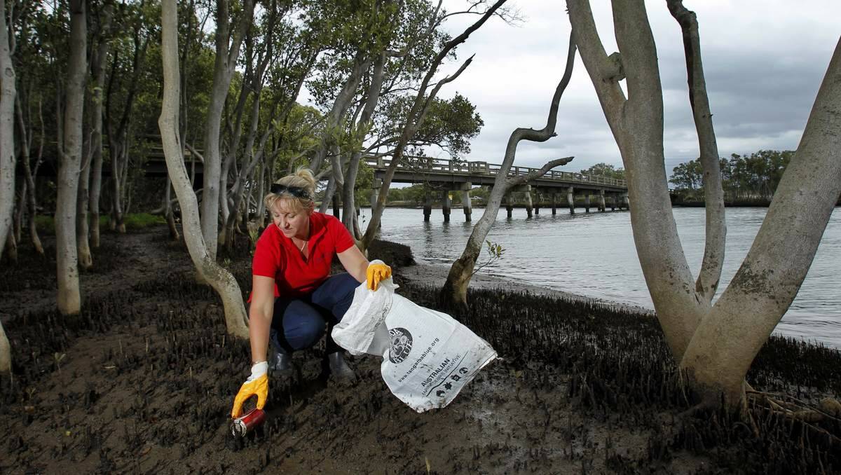 POLLUTION: Marine debris project officer Melinda Anderson collects trash at Ash Island, Hexham.  Picture: Max Mason-Hubers