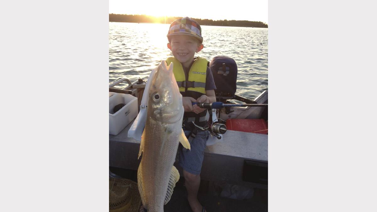 WHOPPER WHITING: Blake Jackson 5 years old of Speers Point hooked this whiting in Lake Macquarie.