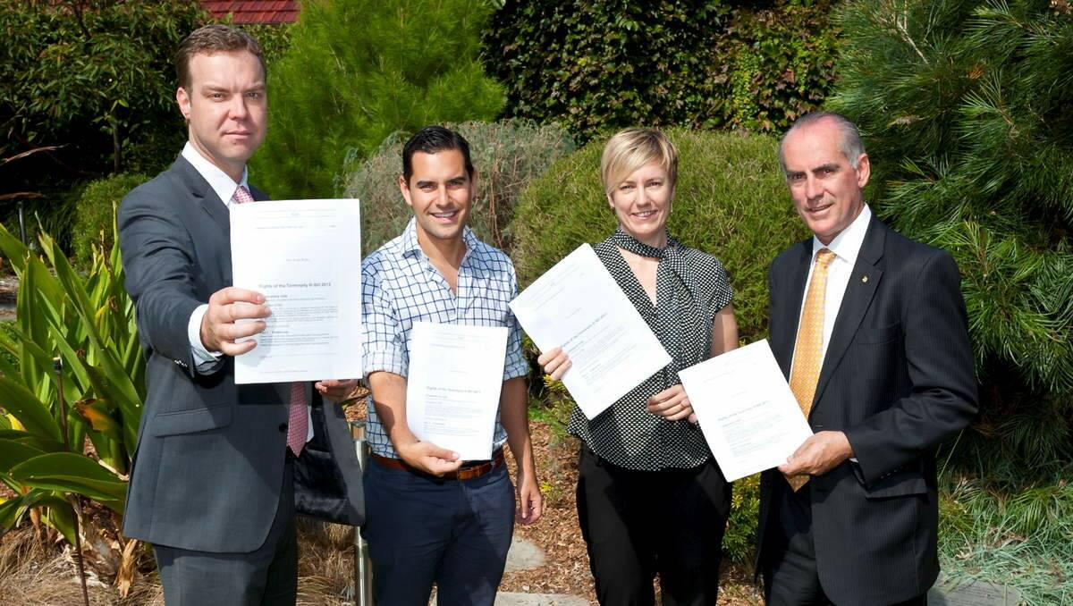 RIGHT MOVE: Lake Macquarie MP Greg Piper, right, with, from left, Jamie Parker, Alex Greenwich and Cate Faehrmann. The four have formed an historic alliance of crossbench MPs campaigning for voluntary euthanasia.
