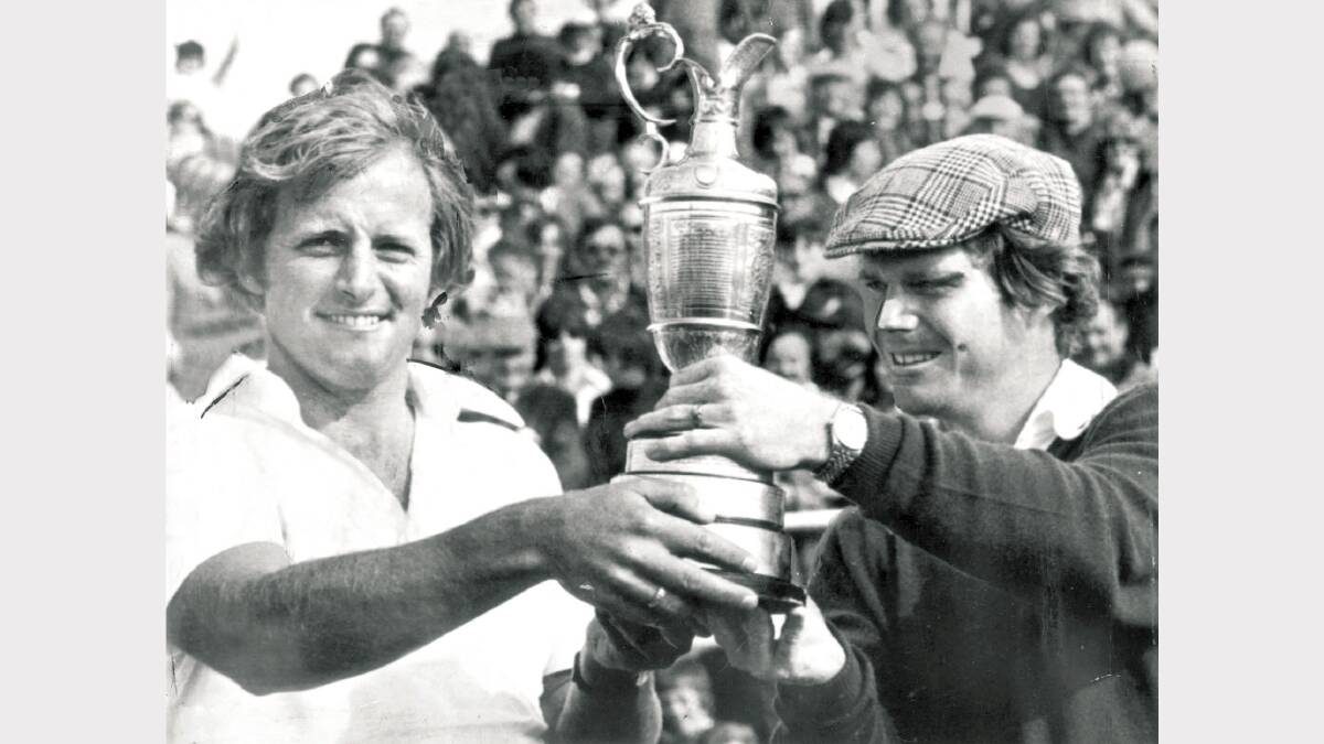 ack Newton, left, and Tom Watson, of the USA, hold the British Open trophy after they tied for a playoff in 1975.