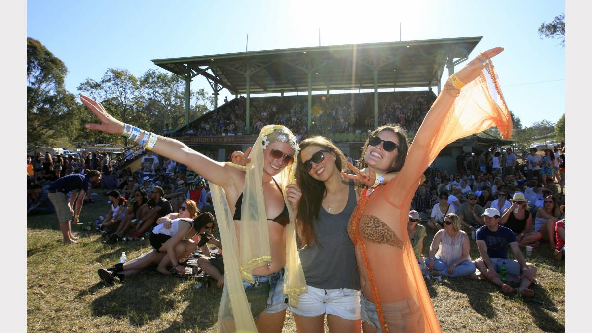 Gabrielle Brady, of the Northern Territory, with Claire Monk and Lauren Murchison, of Sydney, at the Gentlemen of the Road festival at Dungog on Saturday. Picture: Peter Stoop