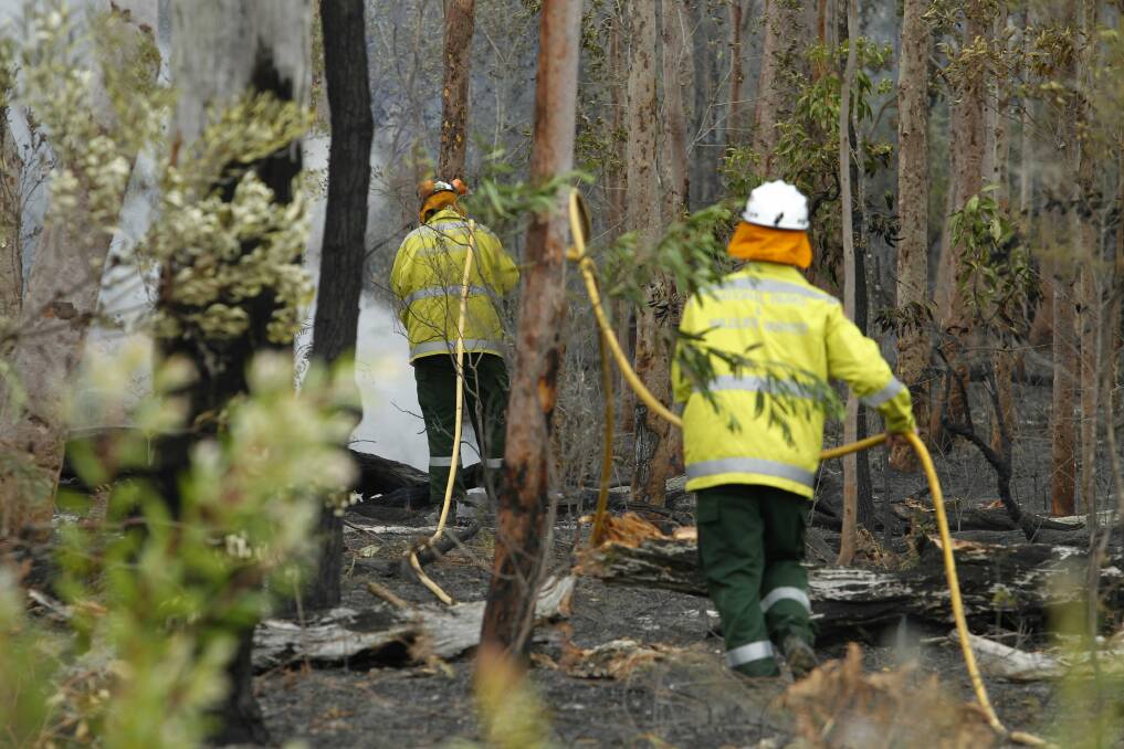 National Parks staff hose down smouldering logs along Medowie Road. Picture: Max Mason-Hubers
