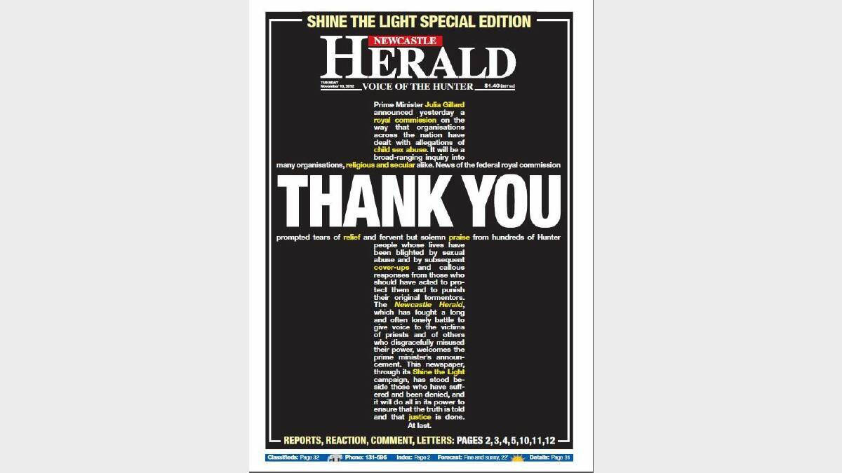 The Newcastle Herald's front page of November 13, 2012.