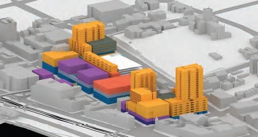  An artist's impression of the plan. Yellow represents residential development and purple is commercial space. Pic: SJB Architects