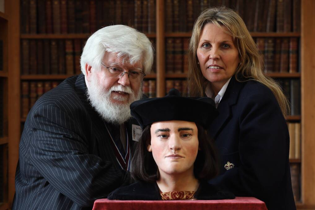 Richard III Society member Philippa Langley and society Chairman Dr Phil Stone stand besides a facial reconstruction of King Richard III. Photo by Dan Kitwood/Getty Images
