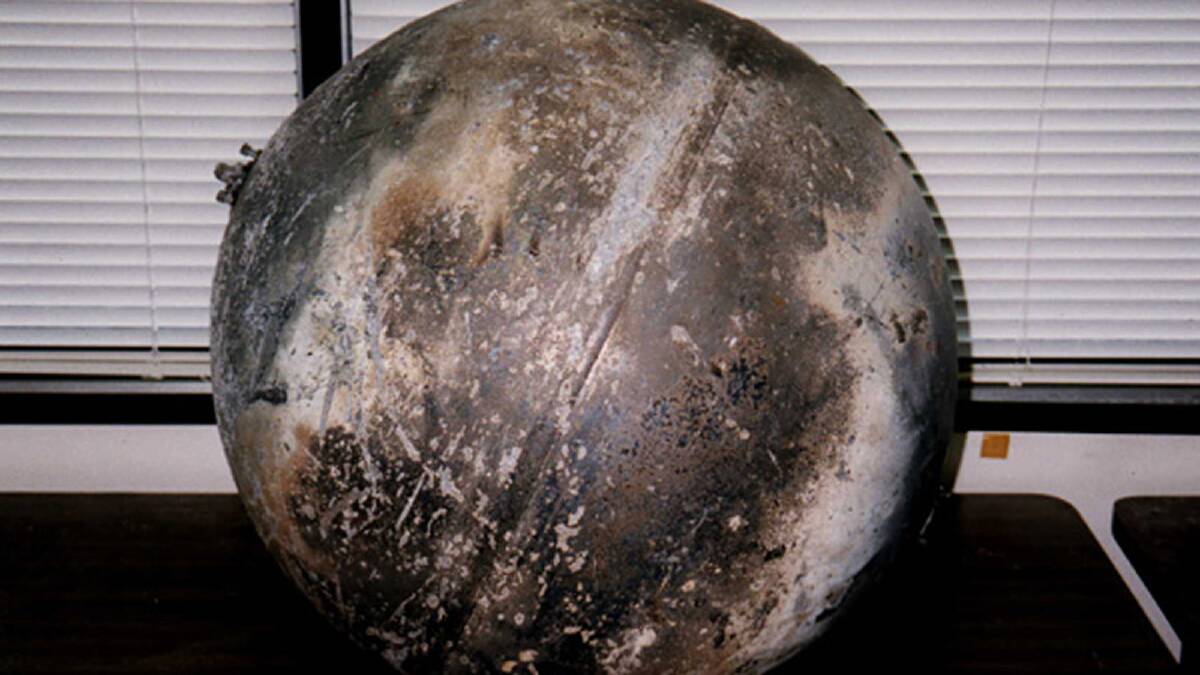 This 30 kg titanium pressurant tank also survived the reentry of the Delta 2 second stage on 22 January 1997 but was found farther downrange near Seguin, TX. Photo: NASA