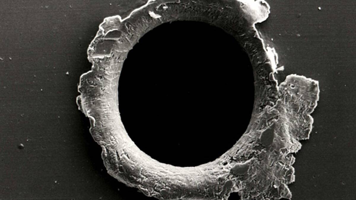View of an orbital debris hole made in the panel of the Solar Max experiment.